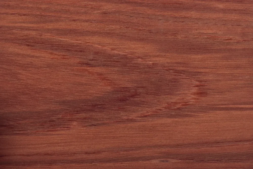 Etimoe wood veneer flat cut with pronounced flamed grain and deep reddish brown tones