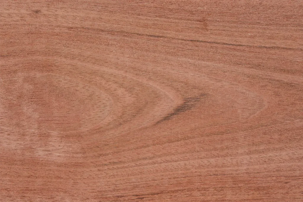 Jatoba wood veneer flat cut with flamed grain and warm reddish brown tones