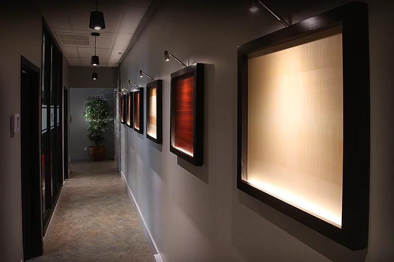 Couloir avec panneaux muraux décoratifs en placage de bois