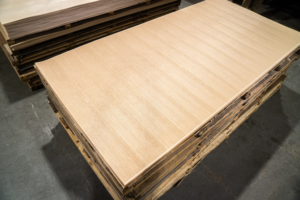 Stack of white oak veneer sheets with cross grain